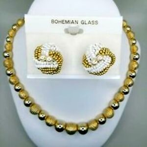 Goldtone Decorative Bead Necklace & VINTAGE Bohemian Glass Clip-On Earrings